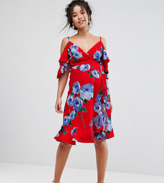 Чайное платье с открытыми плечами, запахом и крупным цветочным принтом Queen Bee - Красный