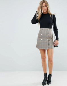 Двубортная мини-юбка в клетку с жемчужными пуговицами ASOS - Бежевый