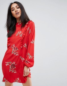Красное платье мини с цветочным принтом, длинными рукавами и оборками AX Paris - Красный