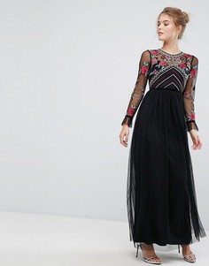 Премиум-платье макси с длинными рукавами и вышивкой Frock And Frill - Черный