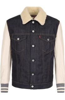 Утепленная джинсовая куртка на пуговицах с кожаными рукавами Junya Watanabe
