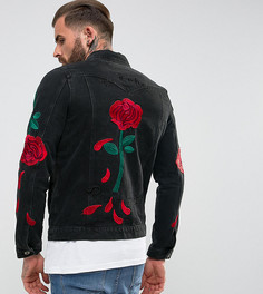 Выбеленная черная джинсовая куртка с вышитыми розами Liquor N Poker - Черный
