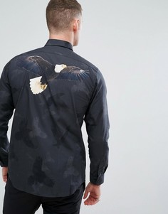 Рубашка узкого кроя с цифровым принтом орла Selected Homme - Темно-синий