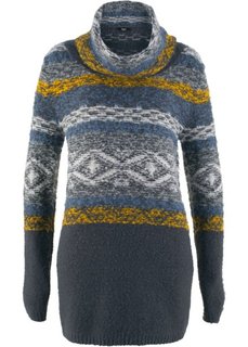 Удлиненный пуловер в стиле оверсайз с высоким воротом и длинным рукавом (ночная синь с узором) Bonprix