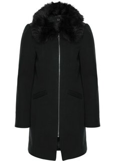 Шерстяное пальто со съемным воротником из искусственного меха (черный) Bonprix