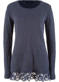 Пуловер с длинным рукавом и кружевной отделкой (черничный) Bonprix