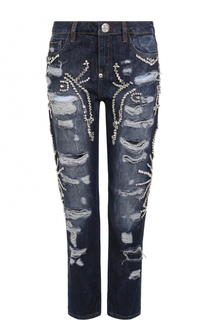 Укороченные джинсы с потертостями и стразами Philipp Plein