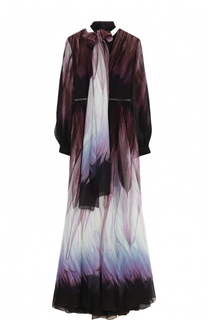 Шелковое платье-макси с воротником аскот и поясом Elie Saab