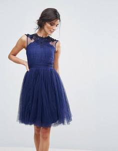 Платье для выпускного из сетчатого материала с кружевными вставками Little Mistress - Темно-синий