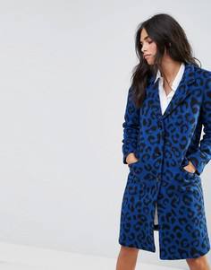 Пальто с леопардовым принтом из ткани с добавлением шерсти Helene Berman - Синий