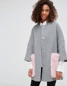 Пальто-кимоно из ткани с добавлением шерсти с карманами из искусственного меха Helene Berman - Серый