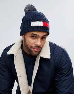 Темно-синяя шапка-бини с помпоном Tommy Hilfiger - Темно-синий