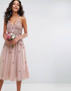 Платье миди на лямках с отделкой бисером ASOS WEDDING - Розовый