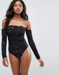 Боди с кружевом, длинными рукавами и открытыми плечами ASOS - Черный