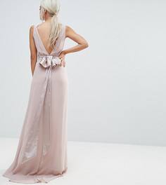 Сатиновое платье макси с бантом сзади TFNC Petite WEDDING - Розовый