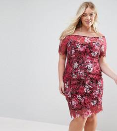 Кружевное платье миди с цветочным принтом и широким вырезом Paper Dolls Plus - Мульти