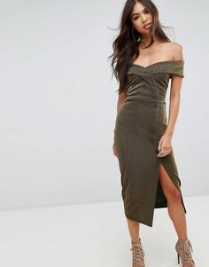 Платье-футляр миди с открытыми плечами и разрезом Outrageous Fortune - Золотой