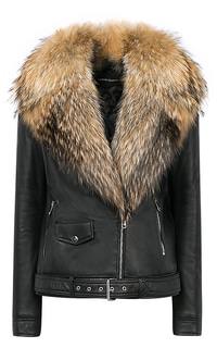Зимняя кожаная куртка с отделкой мехом енота La Reine Blanche