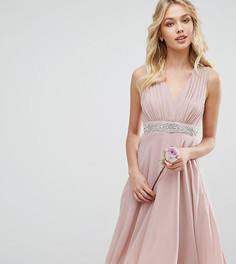 Платье миди с глубоким вырезом и отделкой TFNC WEDDING - Розовый