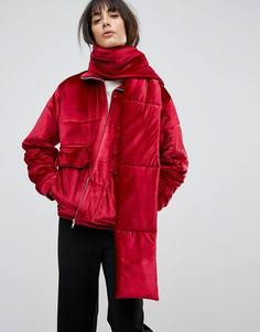 Бархатная дутая куртка со съемным шарфом House Of Sunny - Красный