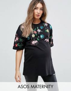 Футболка для беременных с цветочной вышивкой ASOS Maternity - Черный