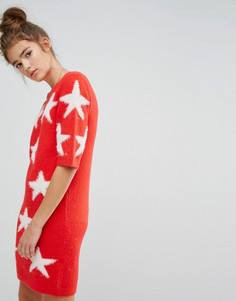 Трикотажное платье мини с пушистой отделкой в виде звезд E.L.K - Красный