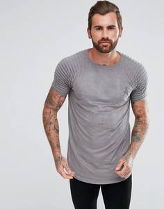 Серая обтягивающая футболка из искусственной замши с отделкой в байкерском стиле на рукавах Aces Couture - Серый