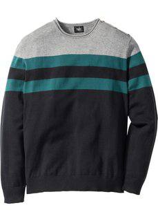 Пуловер Regular Fit (серый меланж/сине-зеленый в полоску) Bonprix
