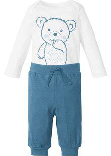 Для малышей: боди с длинным рукавом + трикотажные брюки (2 изд.), биохлопок (белый/синий джинсовый) Bonprix