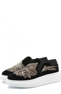 Бархатные слипоны с вышивкой бисером и кристаллами Alexander McQueen