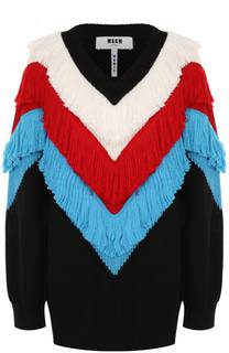 Пуловер с V-образным вырезом и яркой бахромой MSGM