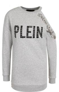 Хлопковый пуловер с открытым плечом и декоративной отделкой Philipp Plein