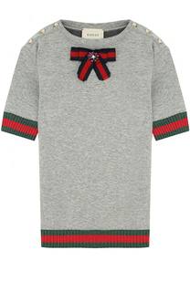 Хлопковое мини-платье с контрастной отделкой и бантом Gucci