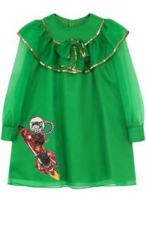 Шелковое мини-платье с бантом и пайетками Gucci