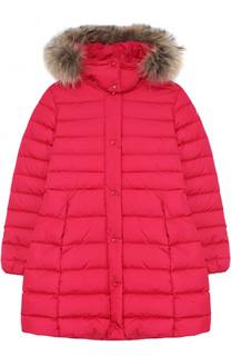 Пуховое пальто с меховой отделкой на капюшоне Moncler Enfant