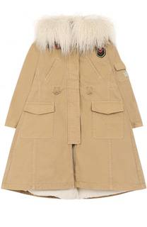 Утепленное пальто из денима с фактурной отделкой капюшона Ermanno Scervino