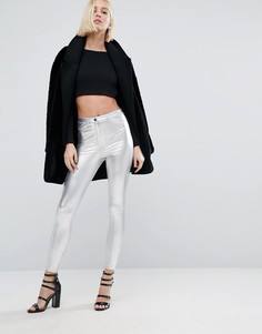Блестящие брюки с завышенной талией River Island - Серебряный