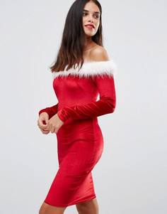 Новогоднее платье с широким вырезом и длинными рукавами Club L Sexy Santa - Красный