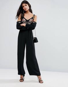 Комбинезон с вышивкой и открытыми плечами River Island - Черный