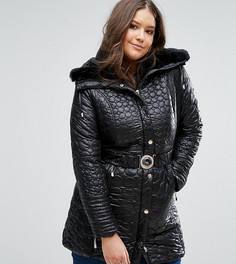 Стеганое пальто с ремнем и меховым воротником Koko Plus - Черный