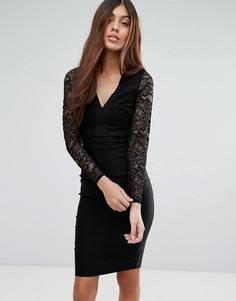 Кружевное платье-футляр с длинными рукавами и V-образным вырезом Vesper - Черный