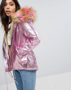 Переливающаяся парка с искусственным мехом на капюшоне PrettyLittleThing - Розовый