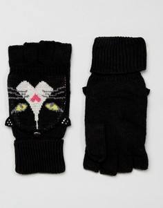 Перчатки без пальцев с узором кошки Yumi - Черный
