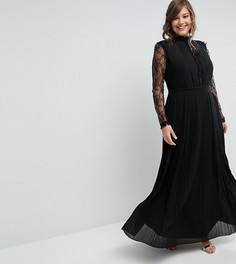 Плиссированное платье макси с высоким воротом и кружевными рукавами TFNC Plus WEDDING - Черный
