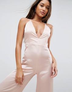 ASOS Plunge Satin Nightwear Jumpsuit - Бежевый