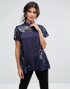 Блузка с высоким воротом, короткими рукавами и пайетками Closet - Синий