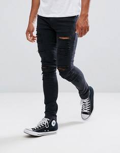Черные супероблегающие джинсы с рваной отделкой River Island - Черный