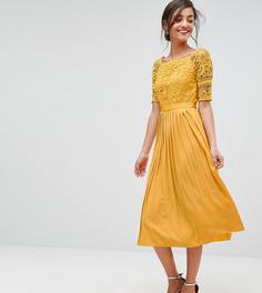 Приталенное платье миди с кружевным топом и плиссированной юбкой Little Mistress Tall - Желтый