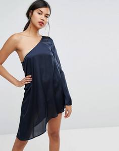 Атласное платье мини с открытыми плечами и расклешенными рукавами Ivyrevel - Темно-синий