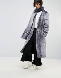 Длинное дутое пальто из бархата со съемным шарфом House Of Sunny - Серый